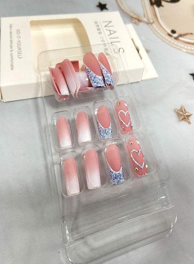 Vopintpy Blue Glitter French Tip Heart Glossy Gradient False Nails with Rhinestones - Reusable Stick on Nails - Medium Square Set - Image 4